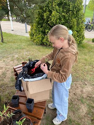 Uczniowie klasy I na zajęciach w ogródku sensorycznym